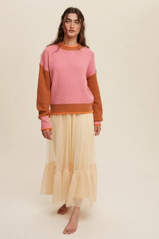 TEEK - Pink Color Block Ribbed Knit Sweater