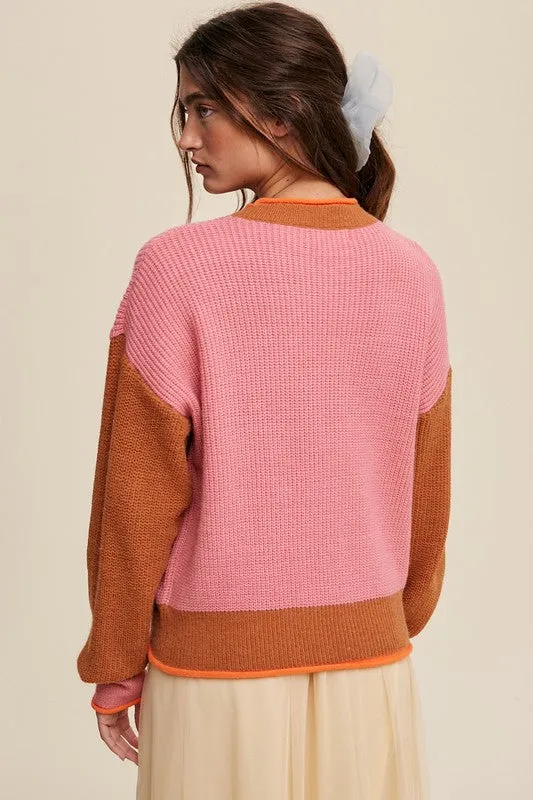 TEEK - Pink Color Block Ribbed Knit Sweater