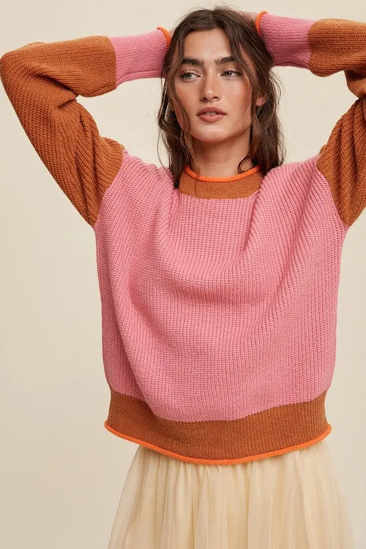 TEEK - Pink Color Block Ribbed Knit Sweater