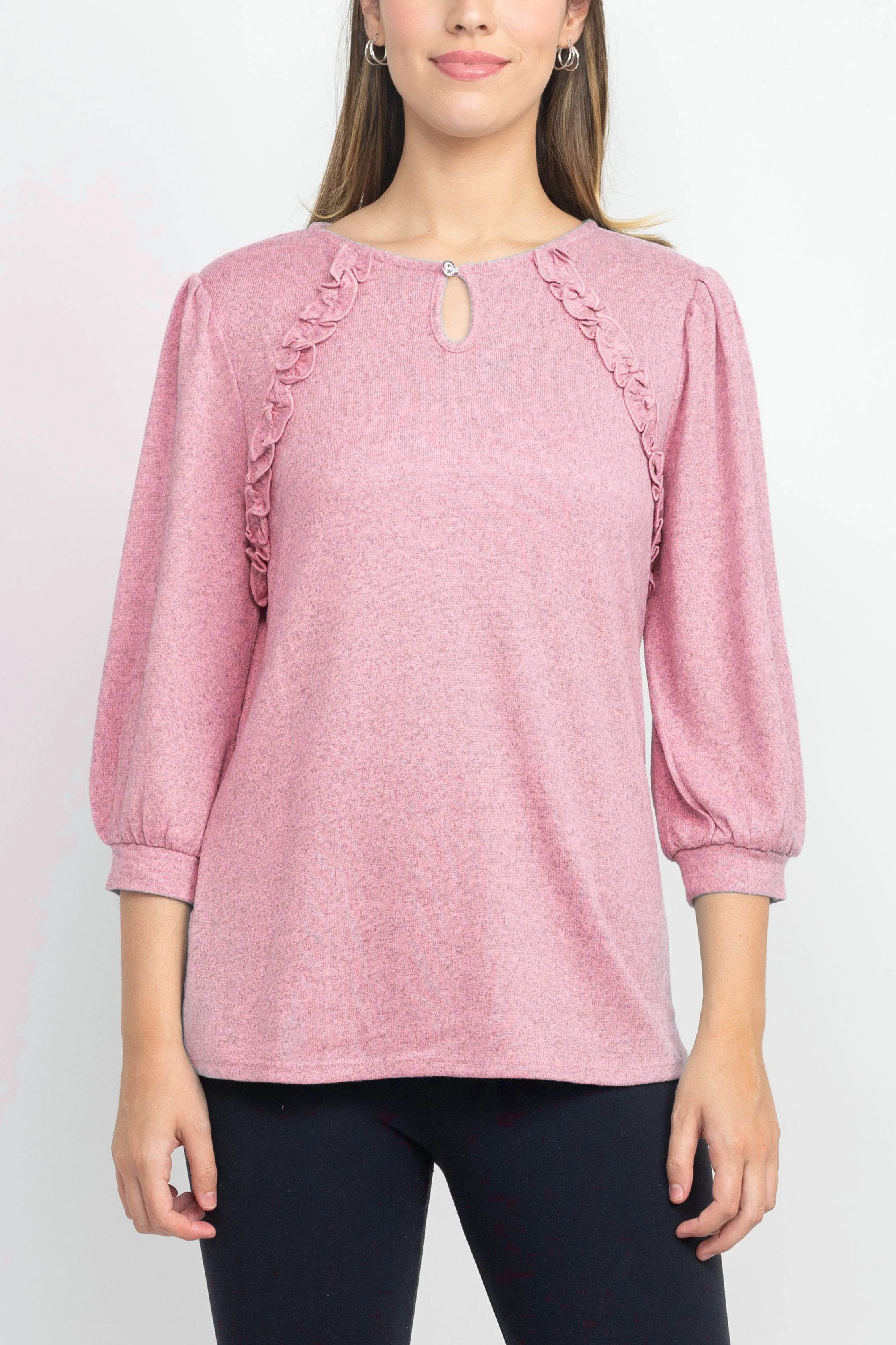 Tint   Shadow 3/4 Sleeve Crew Neck with Rhinestone Button Keyhole & Front Ruffle detail Knit Top