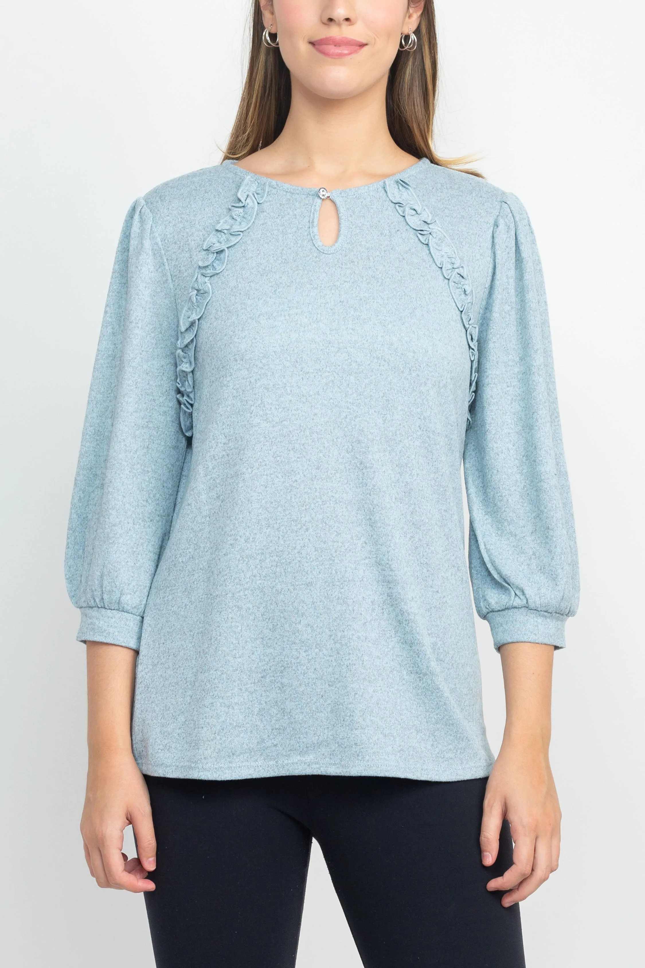 Tint   Shadow 3/4 Sleeve Crew Neck with Rhinestone Button Keyhole & Front Ruffle detail Knit Top