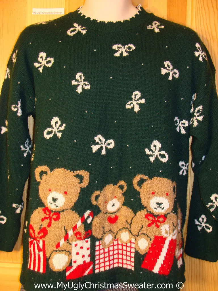 Ugly Christmas Sweater Party 80s Retro Tacky Christmas Sweater with Bears and Bows (f1275)