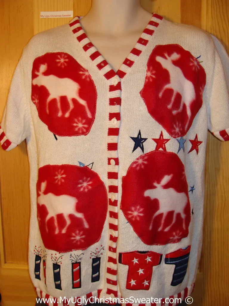 Upcycled Patriotic Short Sleeved Tacky Ugly Christmas Sweater with Reindeer Moose (f779)