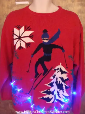 Vintage Ski Themed Tacky Xmas Sweater with Lights