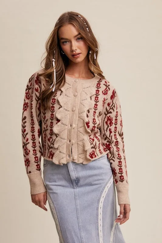 Waitlist 2/18 ♥ Gabby Long Sleeve Button Down Floral Print Knit Cardigan Taupe