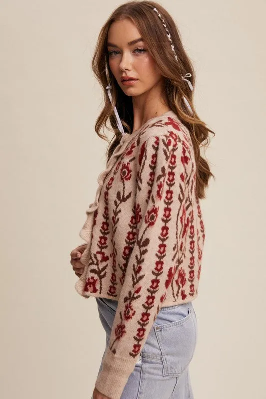 Waitlist 2/18 ♥ Gabby Long Sleeve Button Down Floral Print Knit Cardigan Taupe